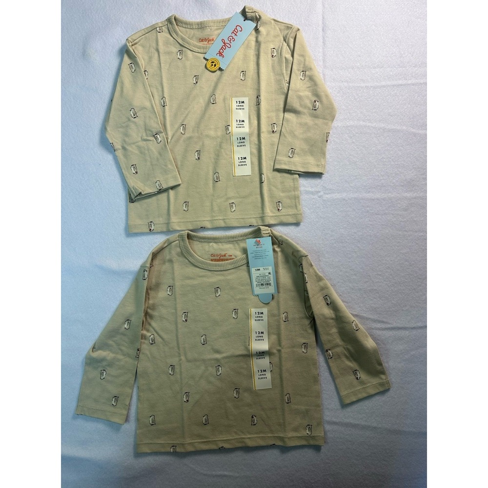 CAT AND JACK 2 PK LONG SLEEVE COTTON SHIRT 12 MONTH SIZE CREAM WITH PENGUINS